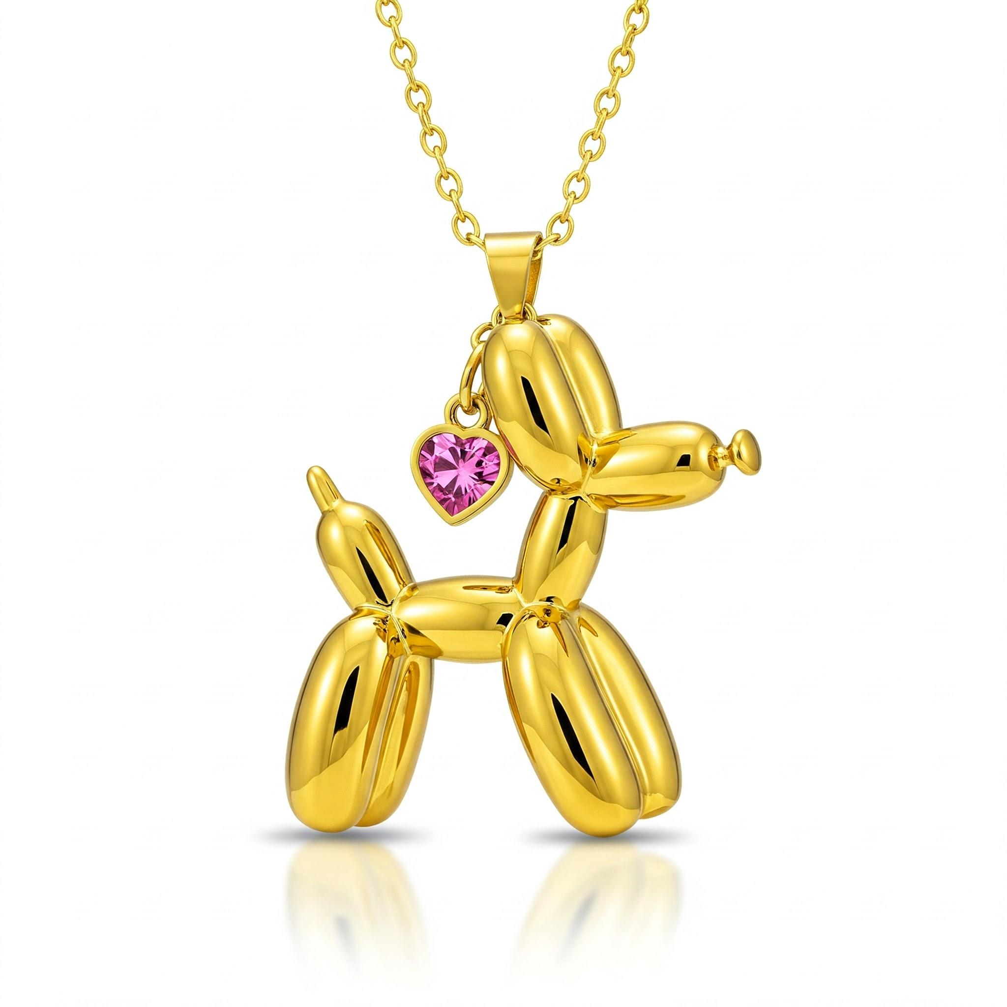 Stainless Steel Balloon Dog Pendant Necklace with Pink Cubic Zirconia